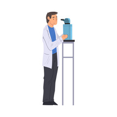 Scientist in Lab, Man in White Coat Doing Medical or Chemical Researches with Microscope Vector Illustration on White Background