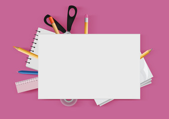 Creative poster concept on the theme of back to school. Blank white sheet in composition with stationery on a pink background. Place for text