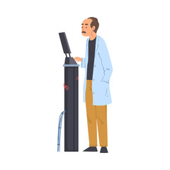 Male Scientist, Engineer or Programmer in White Coat Doing Researches with Laboratory Equipment in Science Lab Vector Illustration on White Background