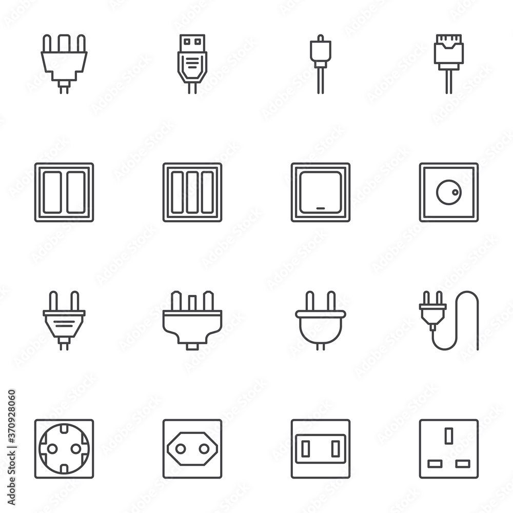 Poster electrical connector line icons set, outline vector symbol collection, plug and socket linear style 