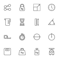Weight and measurement line icons set, outline vector symbol collection, linear style pictogram pack. Signs, logo illustration. Set includes icons as clock time, ruler, measuring tape, kitchen scales - obrazy, fototapety, plakaty