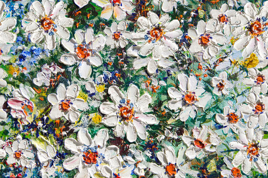 Seamless pattern with white flowers painted with oil paint.