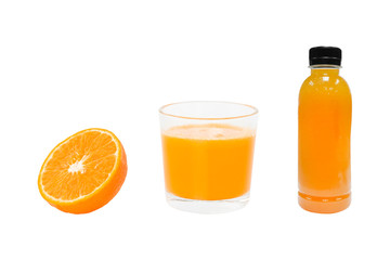 100% Orange juice and sliced fruits isolated on white background.