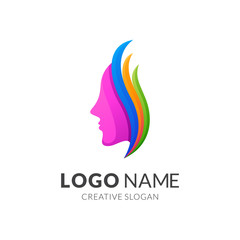 beauty woman and leaf logo template, modern 3d logo style in gradient vibrant colors