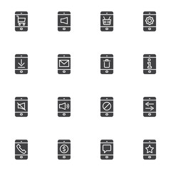 Mobile phone UI vector icons set, modern solid symbol collection, smartphone interface screen filled style pictogram pack. Signs logo illustration. Set includes icons - cell phone settings information