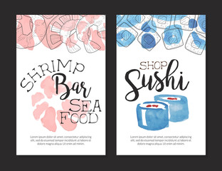 Shrimp Bar Sea Food Card Template, Sushi Shop, Cafe, Restaurant Menu Design Element, Coupon, Leaflet, Flyer, Business Promote Vector Illustration