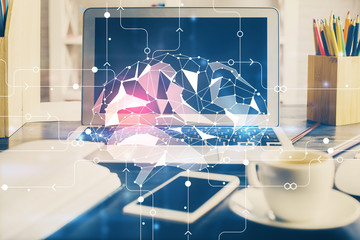 Double exposure of desktop computer and human brain drawing hologram. Ai concept.