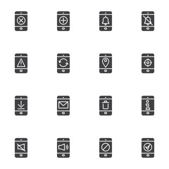 Smartphone interface vector icons set, modern solid symbol collection, mobile phone UI filled style pictogram pack. Signs, logo illustration. Set includes icons as silent mode screen, notification