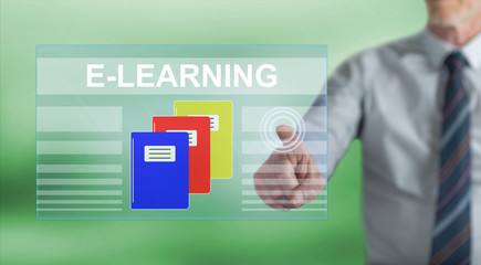 Man touching an e-learning concept