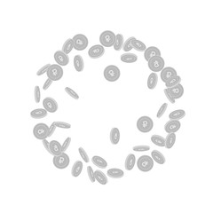 Russian ruble coins falling. Scattered black and w