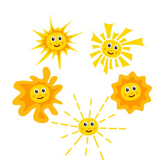 Fototapeta na wymiar Set vector drawing of a yellow cheerful sun on a white isolated background, flat style. The symbol of summer, spring, packaging design, gifts, holiday, postcard, decoration.
