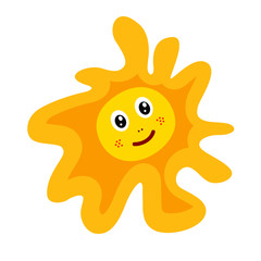 Vector drawing of a yellow cheerful sun on a white isolated background, flat style. The symbol of summer, spring, packaging design, gifts, holiday, postcard, decoration.