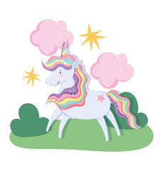Obraz na płótnie Canvas unicorn magic fantasy cartoon rainbow hair horn clouds stars landscape