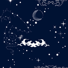 Fototapeta na wymiar Seamless pattern with celestial dragon, moon, stars and clouds. Alchemy night sky.