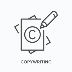 Copyright flat line icon. Vector outline illustration of paper, pencil and C sign. Copywriting thin linear pictogram