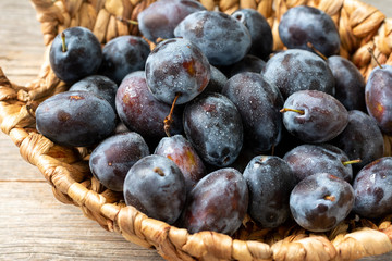 Ripe plum. Lots of plums in a basket on a gray wooden table. Blue plums close-up. Healthy fruits