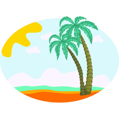 Fototapeta na wymiar Vector drawing of palm trees on the island flat style. Summer, sun, clouds, sea, sand, a piece of paradise.