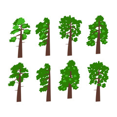 Set of vector drawings of green trees on a white isolated background. Trees, bushes flat, cartoon for decoration of invitations, cards