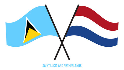 Saint Lucia and Netherlands Flags Crossed And Waving Flat Style. Official Proportion. Correct Colors