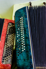Old accordions. Vintage russian musical instruments