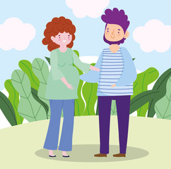 family dad and pregnant woman together cartoon character