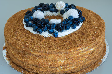 Medovik - layered russian honey cake garnished  with 
currant
