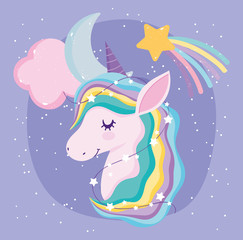 unicorn shooting star moon clouds stars cartoon