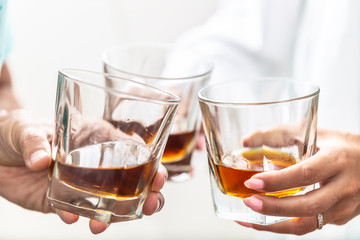 Group of friends toasting with glasses of whiskey brandy or rum indoors - closeup