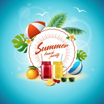 Summer party poster with smoothie or juice mason jars. Beach party banner with vintage round sign, glasses with lemonade, mango, pineapple, cherry, palm tree leaves, umbrella, sunglasses