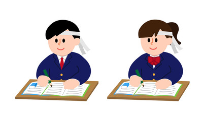 勉強するハチマキブレザー男女