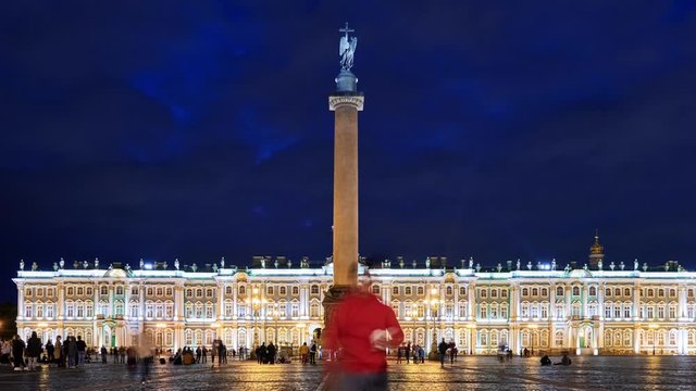 Night Time lapse of a Palace Square in Saint-Petersburg. Alexander Column and Hermitage.
