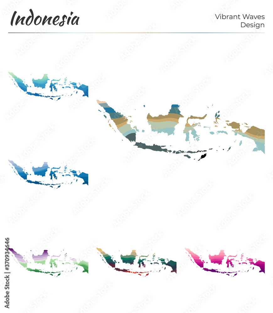 Poster set of vector maps of indonesia. vibrant waves design. bright map of the country in geometric smooth