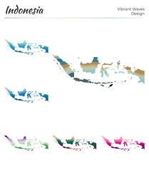 Set of vector maps of Indonesia. Vibrant waves design. Bright map of the country in geometric smooth curves style. Multicolored Indonesia map for your design. Cool vector illustration.