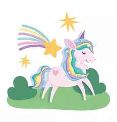 Tuinposter cute unicorn magic fantasy cartoon shooting stars rainbow landscape © Stockgiu