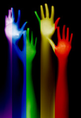 Obraz premium LGBT support, hands and rainbow colors spectrum flag - pride flag LGBT rights concept