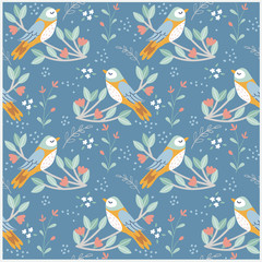 Obraz premium bird and variety flower with leaf pattern on blue background