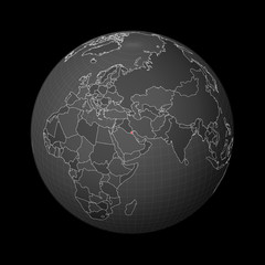 Dark globe centered to Kuwait. Country highlighted with red color on world map. Satellite world projection. Vibrant vector illustration.