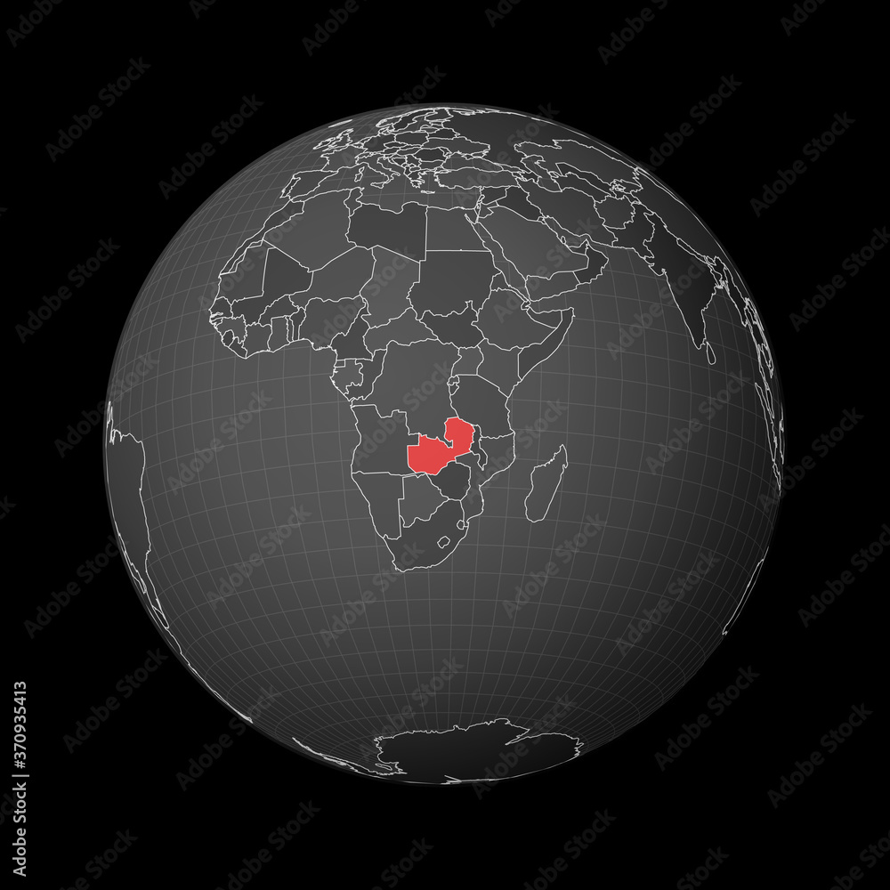 Poster dark globe centered on zambia. country highlighted with red color on world map. satellite world proj