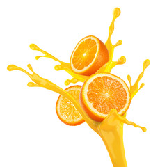 An orange splash. concept of orange with juice, isolated on white background. Clipping path.