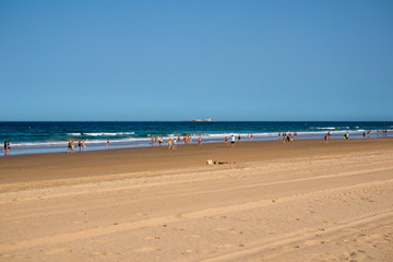 La Barrosa beach in Sancti Petri, Cádiz, with a large amount of sand without water as the tide is low