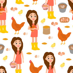 Seamless pattern girl and chicken hen eggs vector illustration