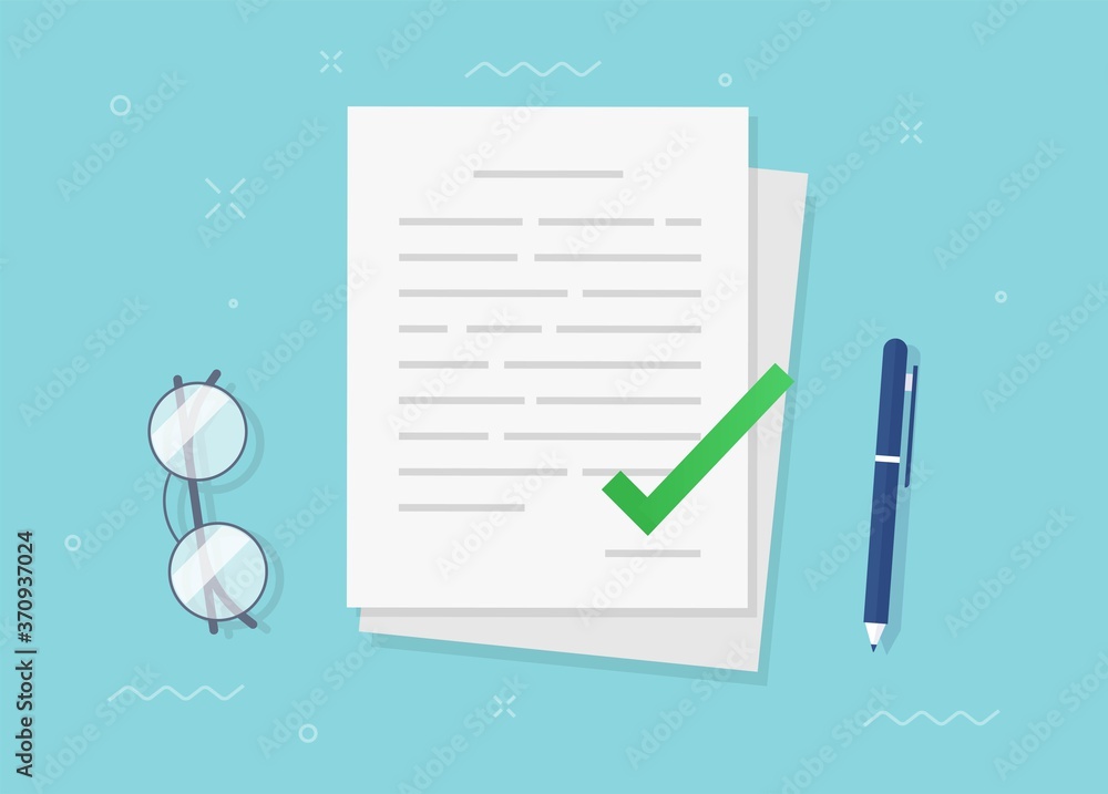 Poster agreement contract document approved and confirmed file with check mark icon flat vector, concept of