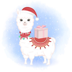 Cute baby Llama and gift box cartoon hand drawn Christmas watercolor illustration.