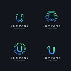 Initial U logo with technology elements in blue color 