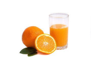 Two apsins and orange juice in a glass on a white background isolate