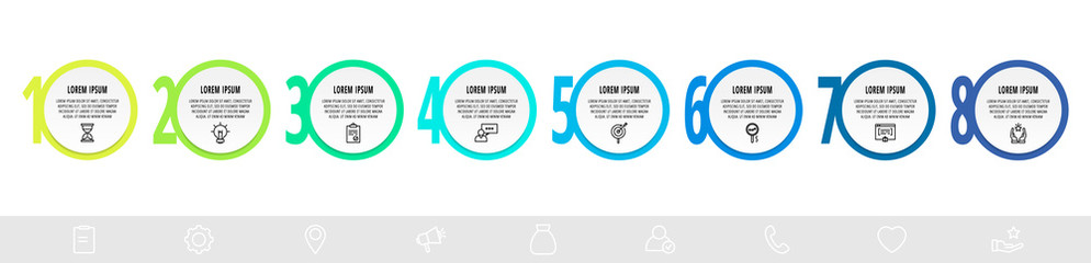 Infographics circles with 8 steps, icons. Flat line vector template. Can be used for eight diagrams, business, web, banner, workflow layout, presentations, flowchart, info graph, timeline, content