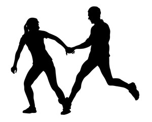 Young athletes run a marathon. Isolated silhouettes on white background