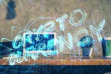 Multi exposure of blockchain theme hologram and table with computer background. Concept of bitcoin crypto currency.