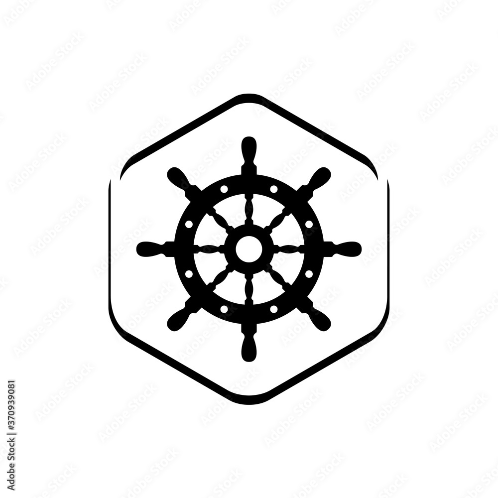 Sticker Logotipo estilo nautical. Icono plano timón en hexágono lineal en color negro