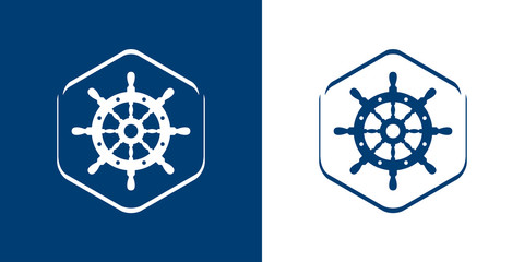 Logotipo estilo nautical. Icono plano timón en hexágono lineal en fondo azul marino y blanco